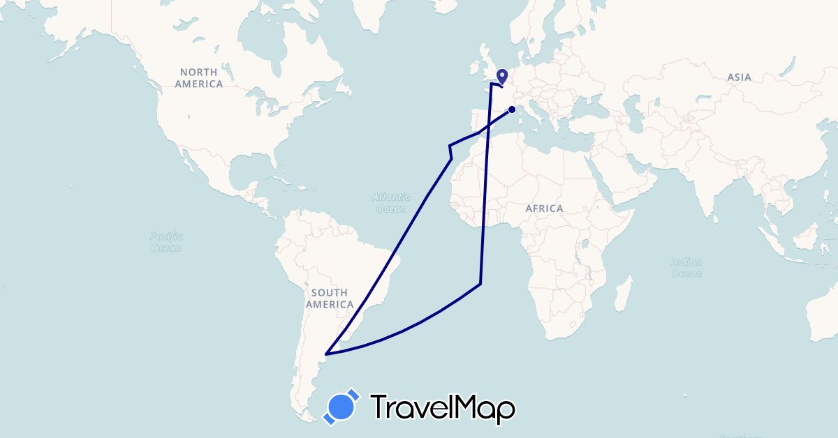 TravelMap itinerary: driving in Argentina, Spain, France, Portugal, Saint Helena (Africa, Europe, South America)